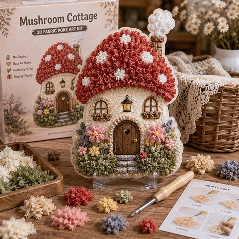 Art Craft Village - Scherpeurig Dorps-3D-Stoffen-Poke-Art-Kit Bloemige Paddenstoelenhuisje DIY Handgemaakt